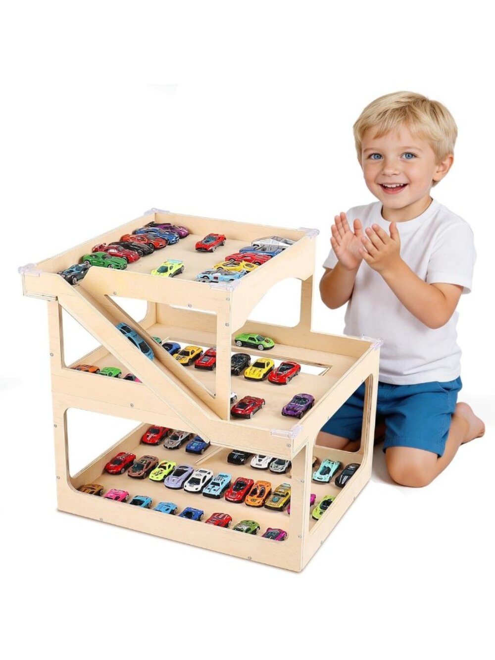 Wooden Toy Car Display Case for Hot Wheels & Matchbox - Holds 50+ Cars, Garage